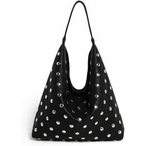 Women's Black Soft Vegan Leather Studded Shoulder Handbag Slouchy Tote Purse